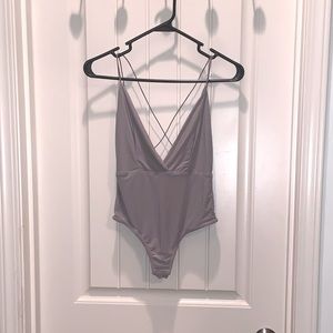 Missguided gray bodysuit with cross back spaghetti straps, size S
